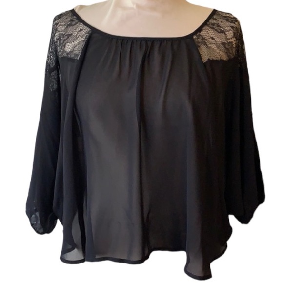 Black Flowy Chiffon Lace Round Boat Neck Quarter Sleeve Dressy Blouse Siz Medium - Picture 14 of 14